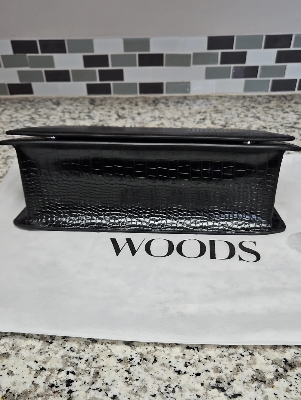 WOODS BY JORDYN MINI TUX CLUTCH, BLACK CROC EMBOSSED